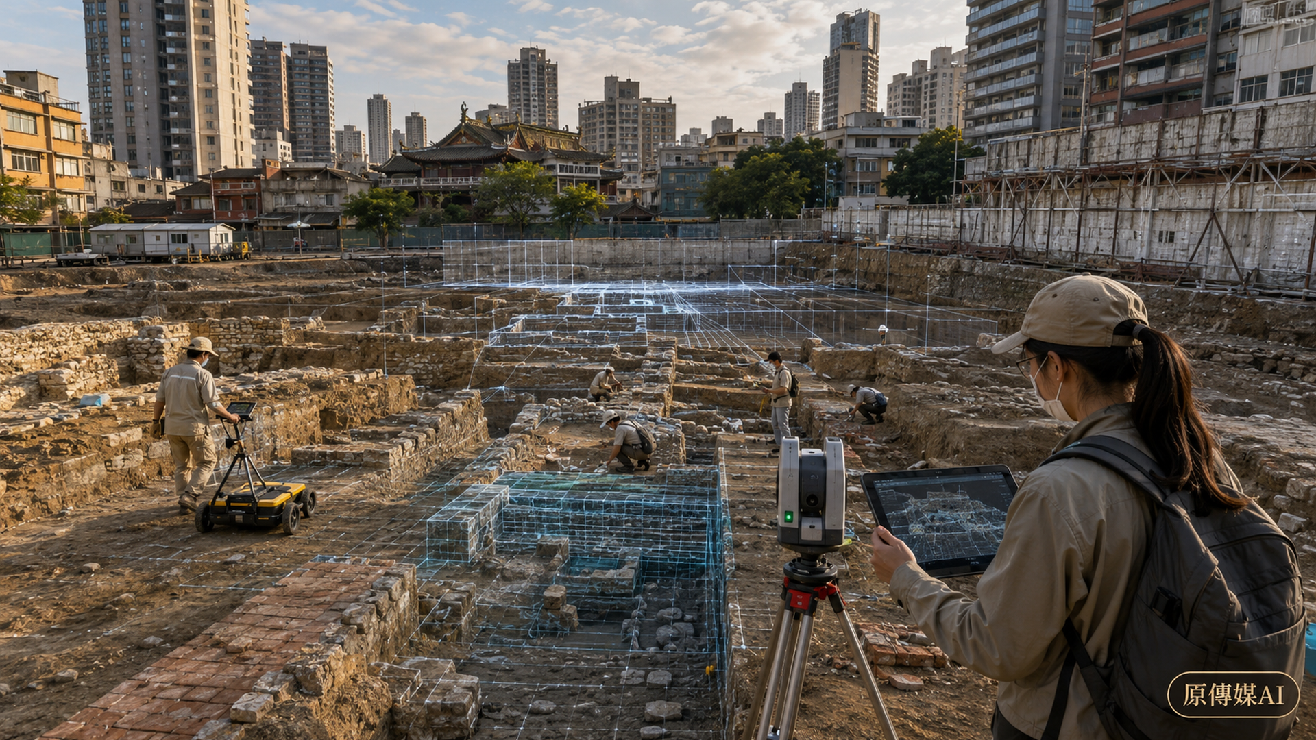現代城市考古工地中，研究人員以數位設備探勘古老街廓遺構。