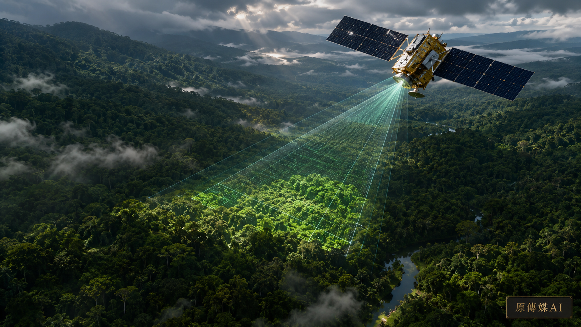 衛星在熱帶森林上空發射雷達，樹冠下呈現立體樹幹碳儲量剖面。