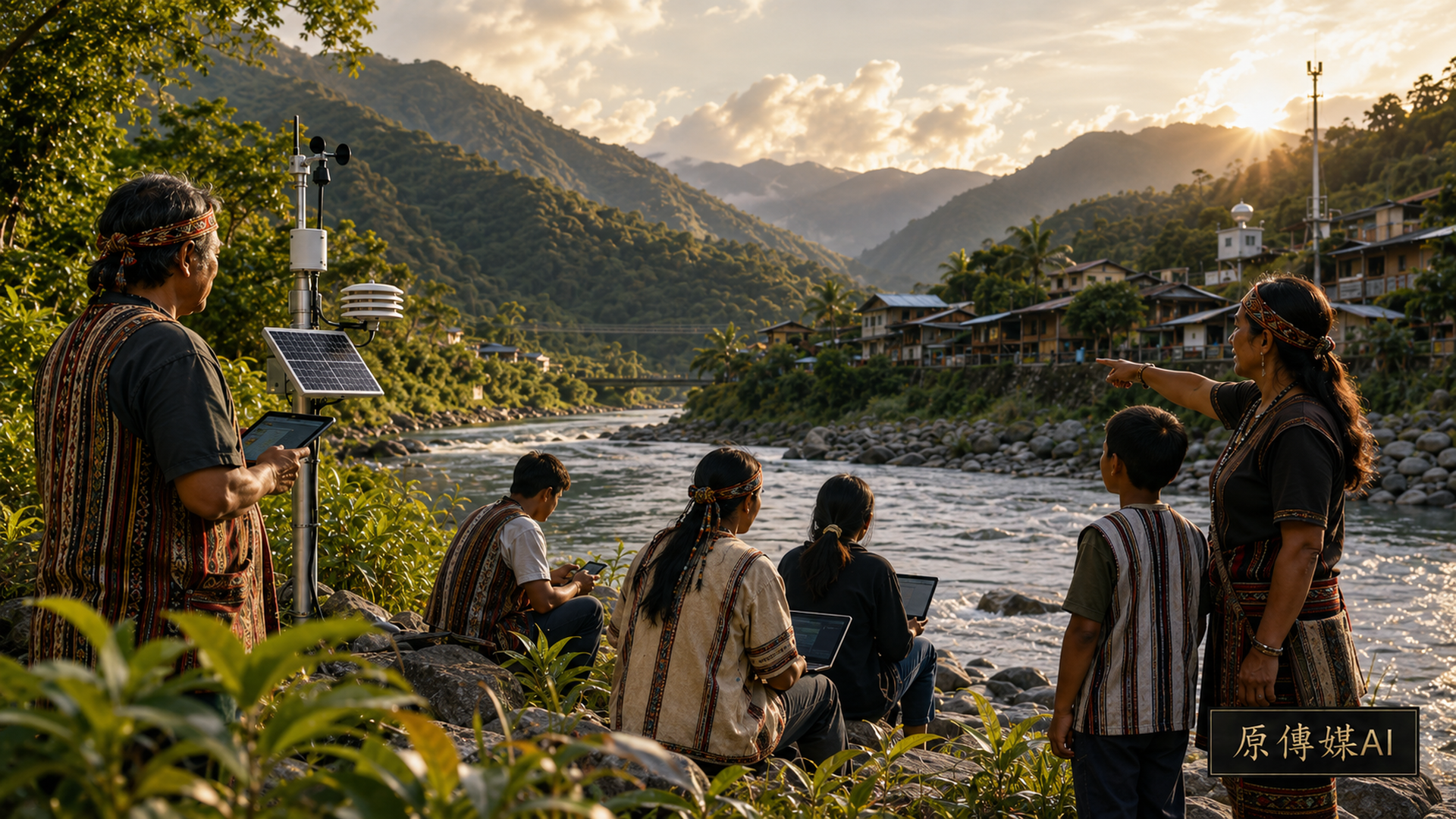 夕陽下的山村河畔,原住民族居民在氣象與水文感測設備旁共同查看資料與討論,右下角有黑底金字原傳媒AI標誌。