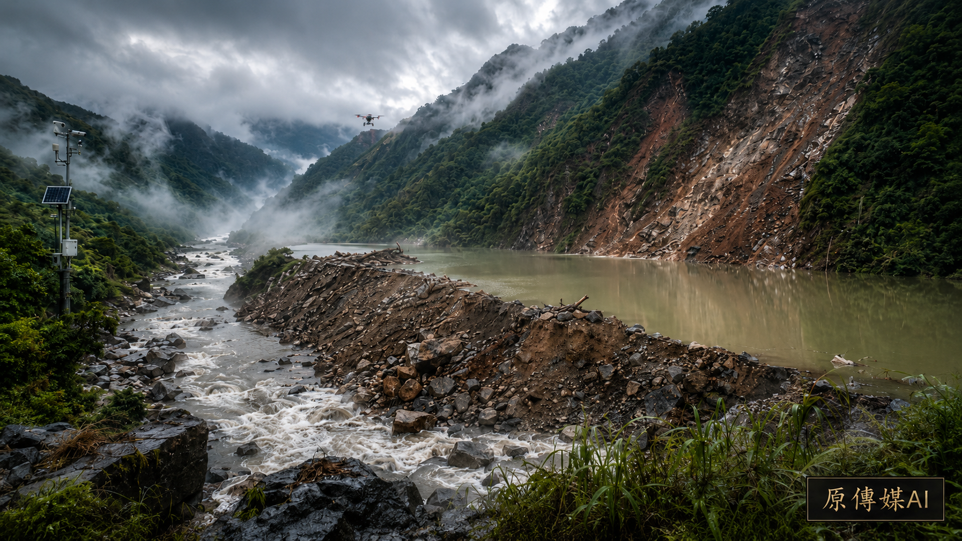 雨後濃霧籠罩的萬里溪山谷，崩塌土石形成天然壩與堰塞湖，無人機及太陽能監測設備正在巡查，右下角有黑底金字原傳媒AI標誌。