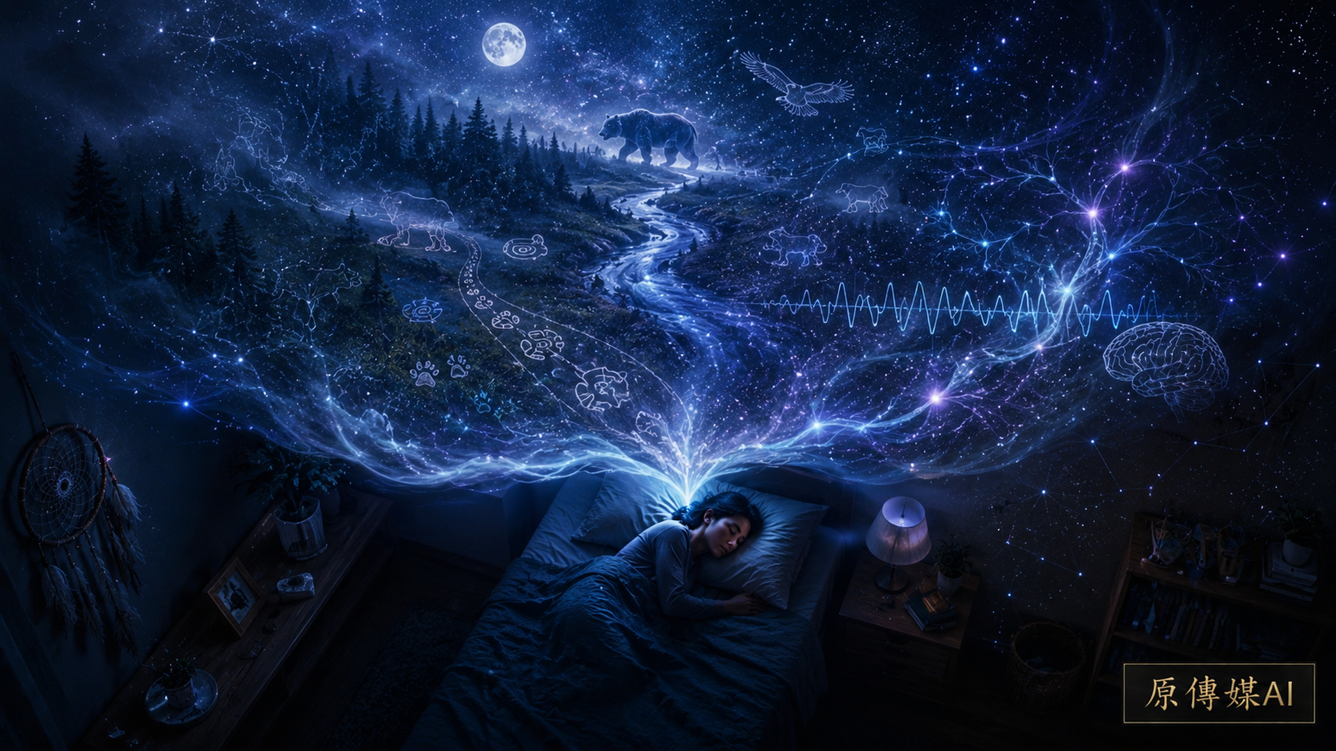 睡眠者上方展開星空、森林、動物路徑與腦波構成的夢境世界。