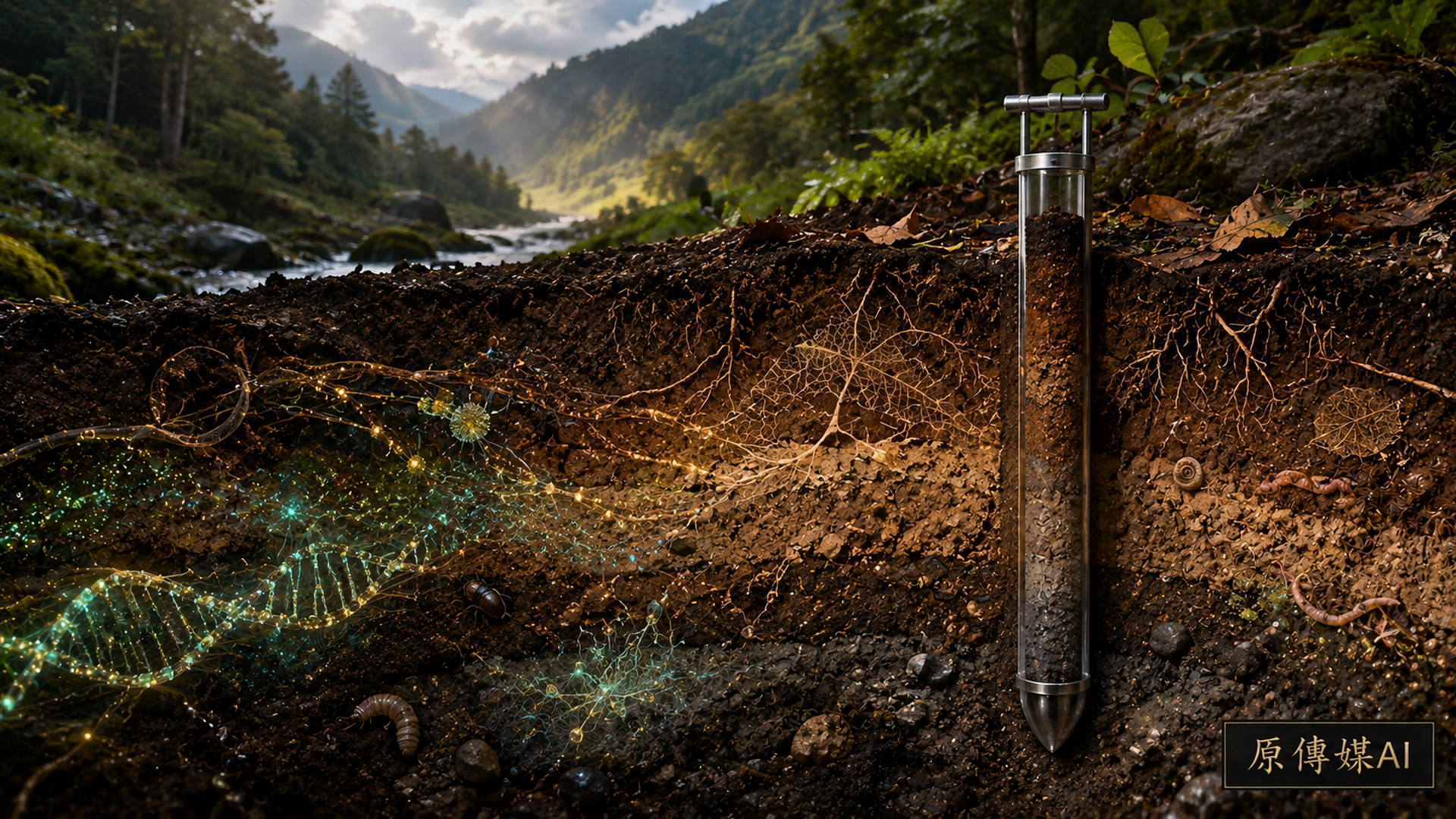 無人物的森林土壤剖面,根系、微生物網絡、DNA 光點與採樣土芯清楚可見。