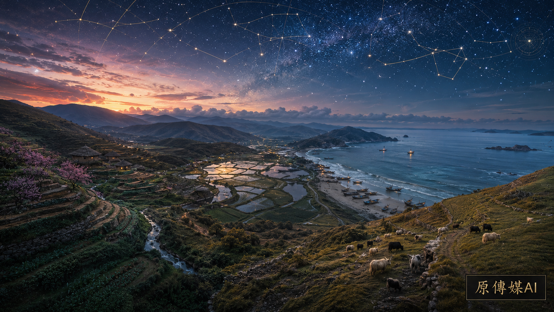 星空下的山海地景，農田、牧群與漁船共同構成季節生態曆。