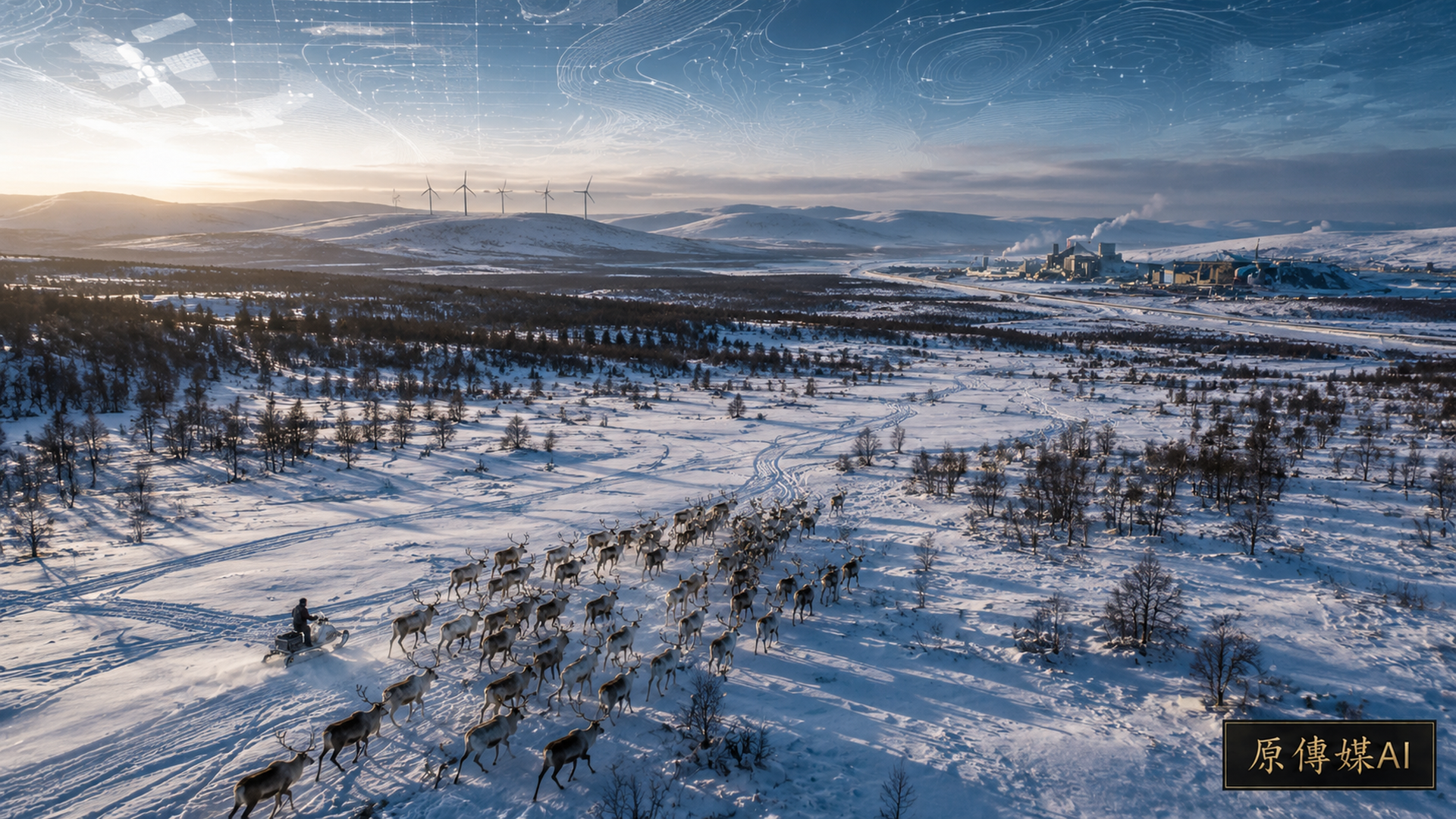 雪原與森林間，一大群馴鹿在遷徙，遠方可見風力發電機與道路。