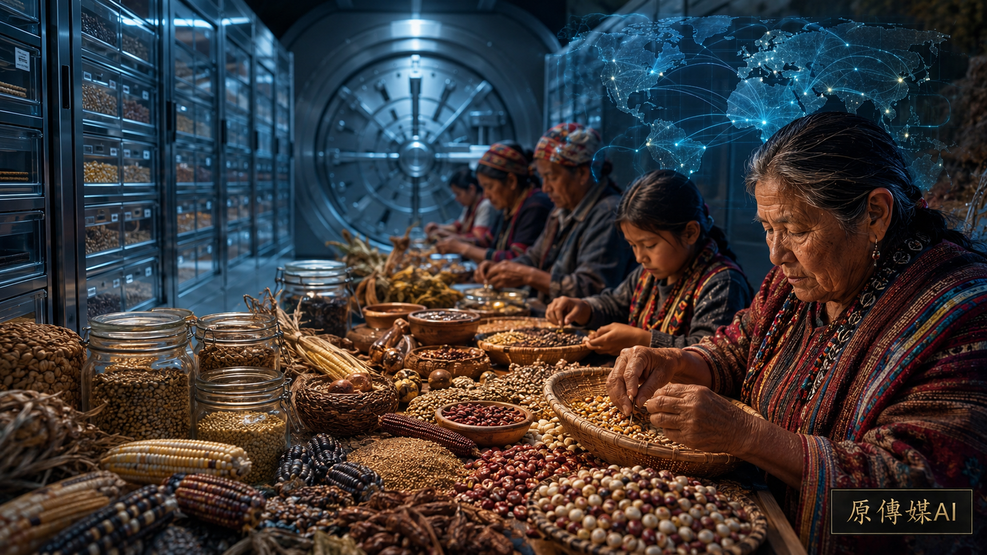 大型種子庫內，多位不同世代的原住民族成員正在分選種子，背後有全球種源網絡示意。