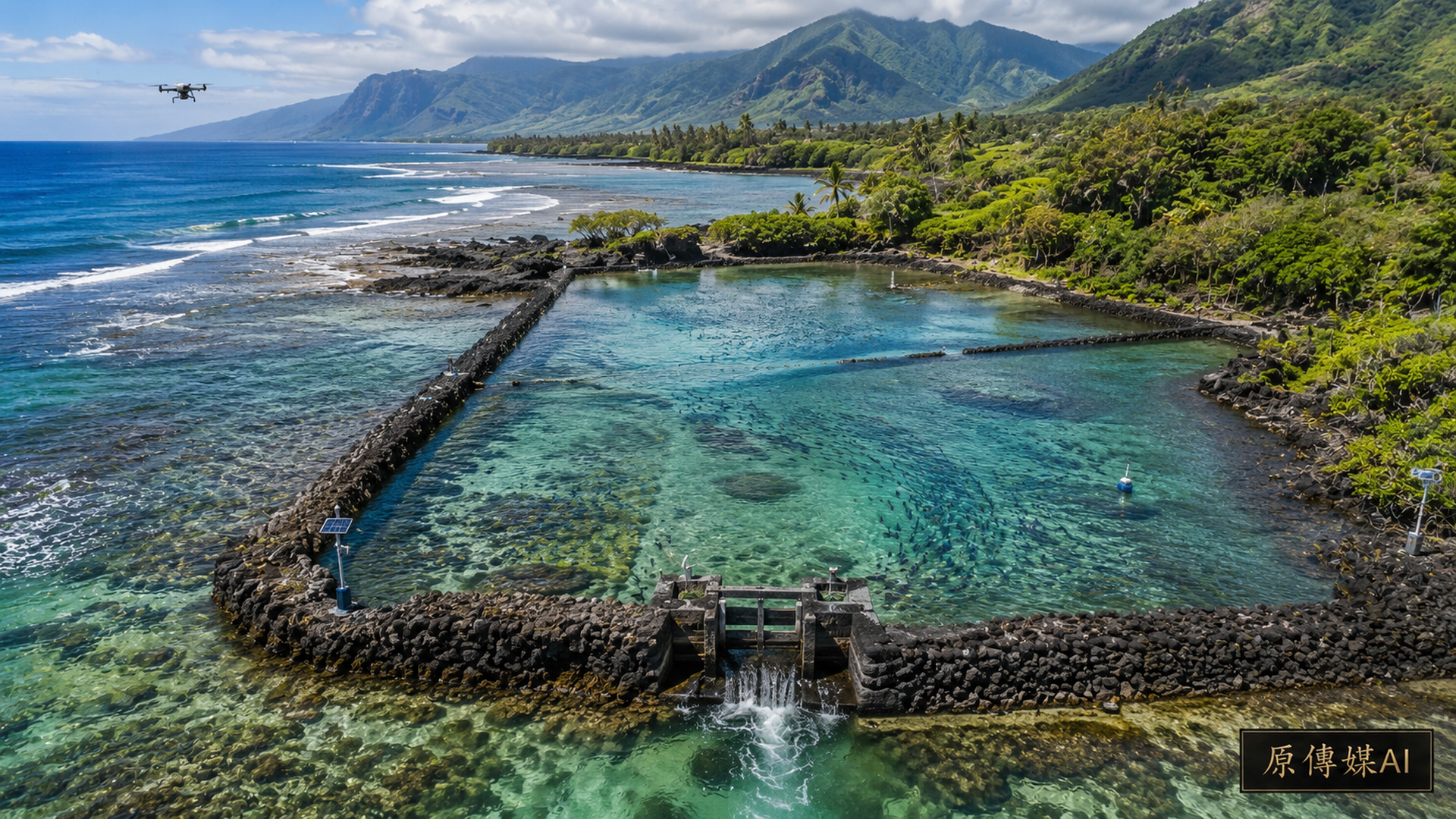 熱帶海岸線旁的傳統魚塭呈現石牆與水門結構,水面反射藍綠色光澤。