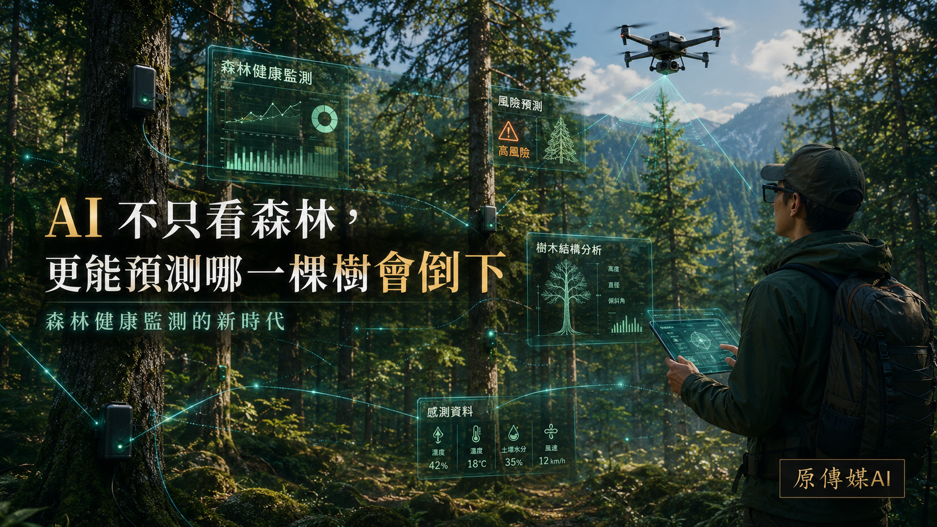 山林工作者在林間核對 LiDAR 點雲與 AI 標示的樹木健康風險