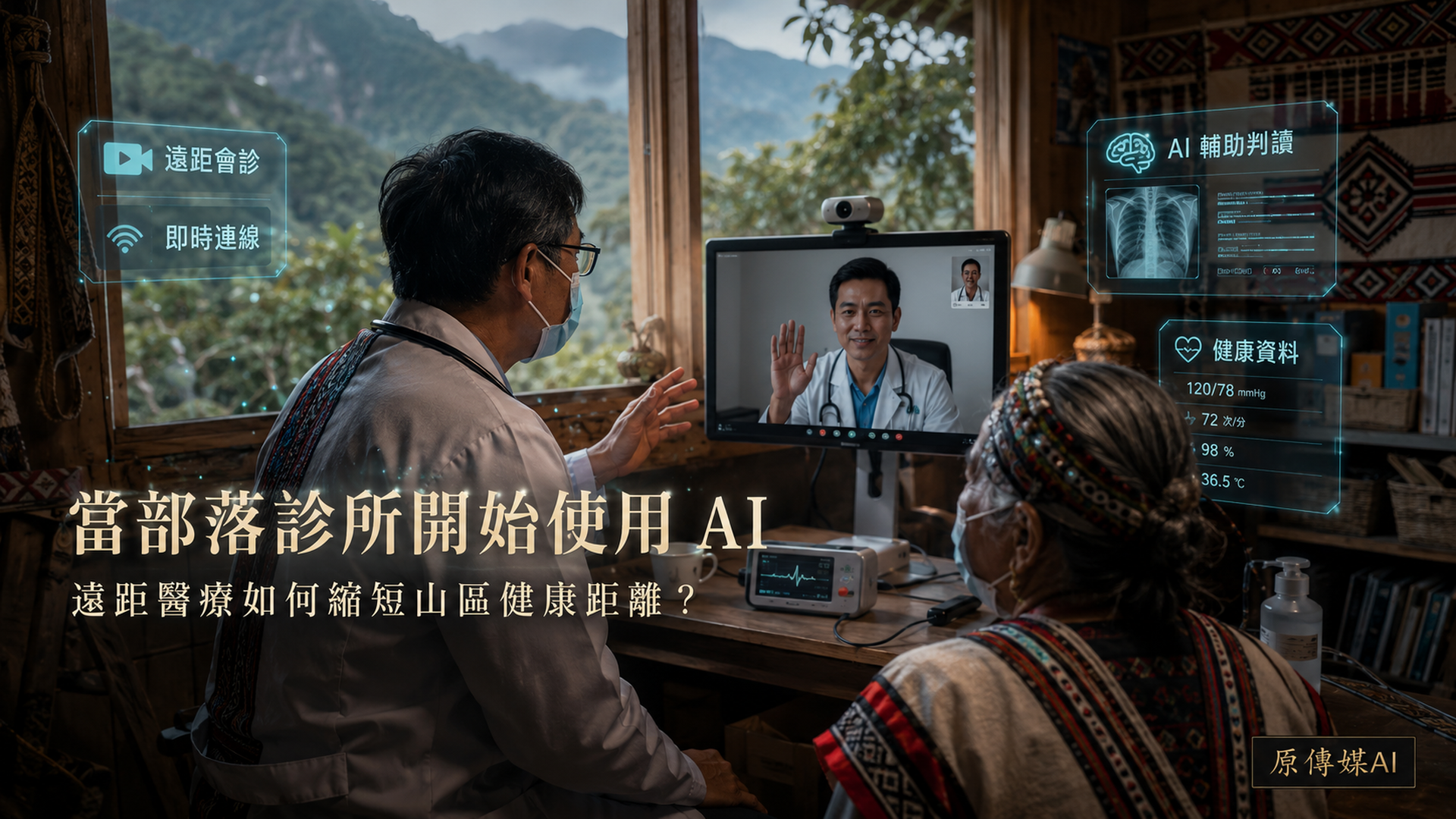 部落診所護理人員陪同長者與遠端專科醫師視訊,旁側系統提供 AI 決策提示