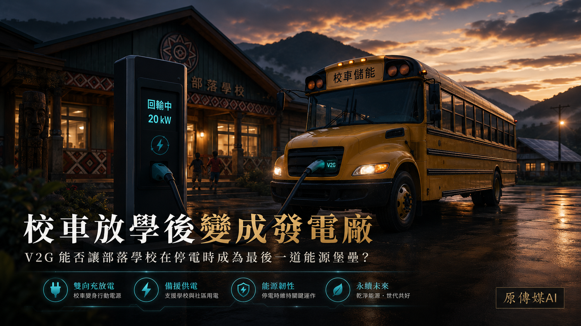 部落學校的電動校車連接雙向充電設備，將電力供應給停電中的校舍