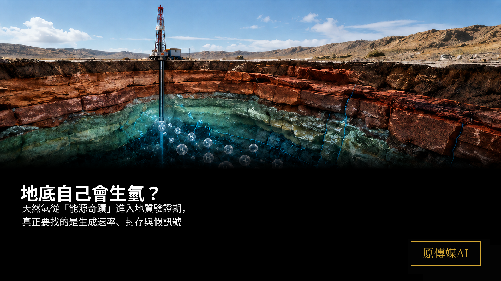 荒漠地表有鑽井平台，地下剖面中藍色裂隙與 H2 氣泡上升，右下角固定原傳媒AI黑金標誌。