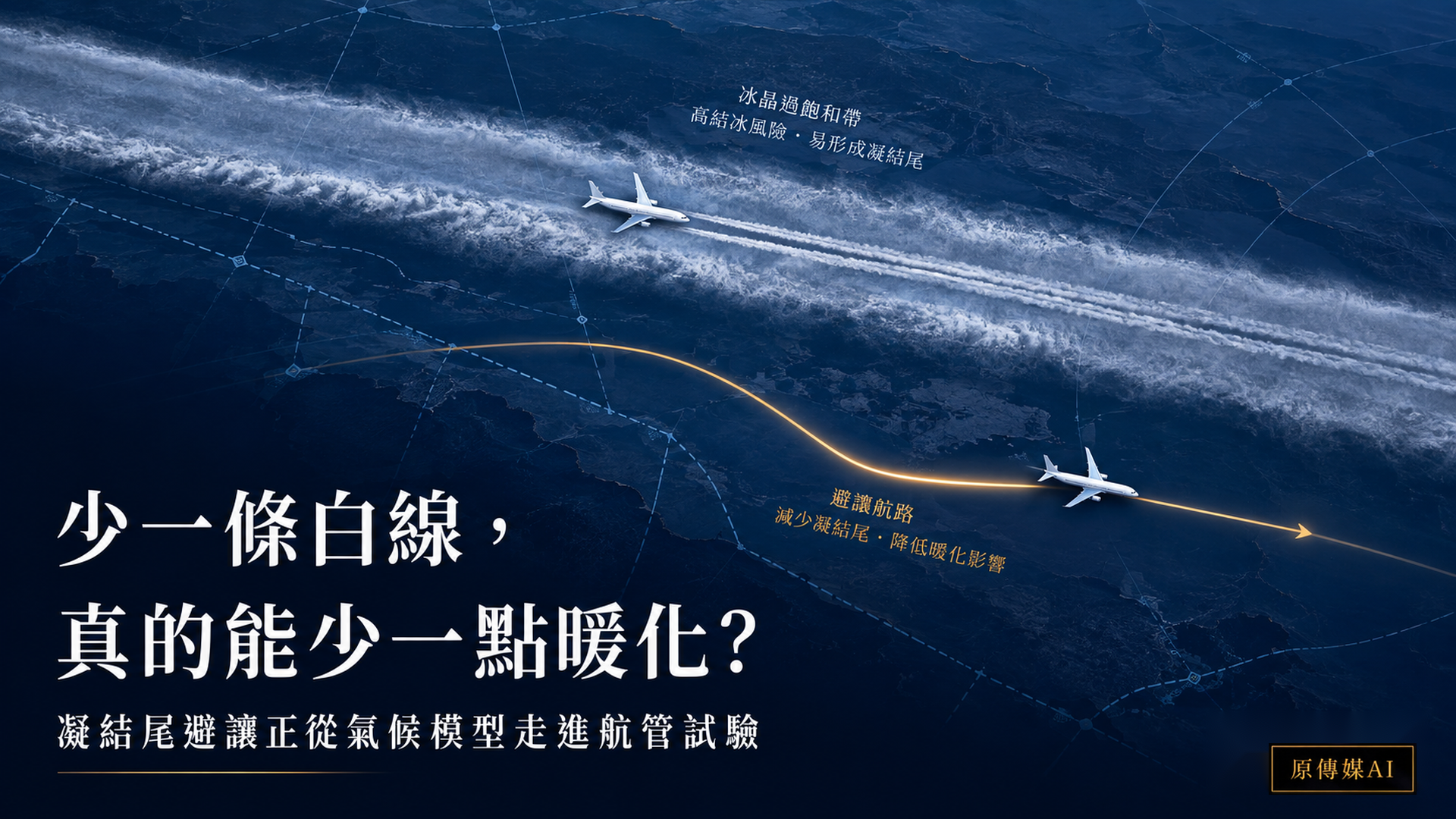 高空航圖視角顯示一架飛機留下白色凝結尾,另一架沿橘色避讓航路飛行,右下固定原傳媒AI黑金標誌。