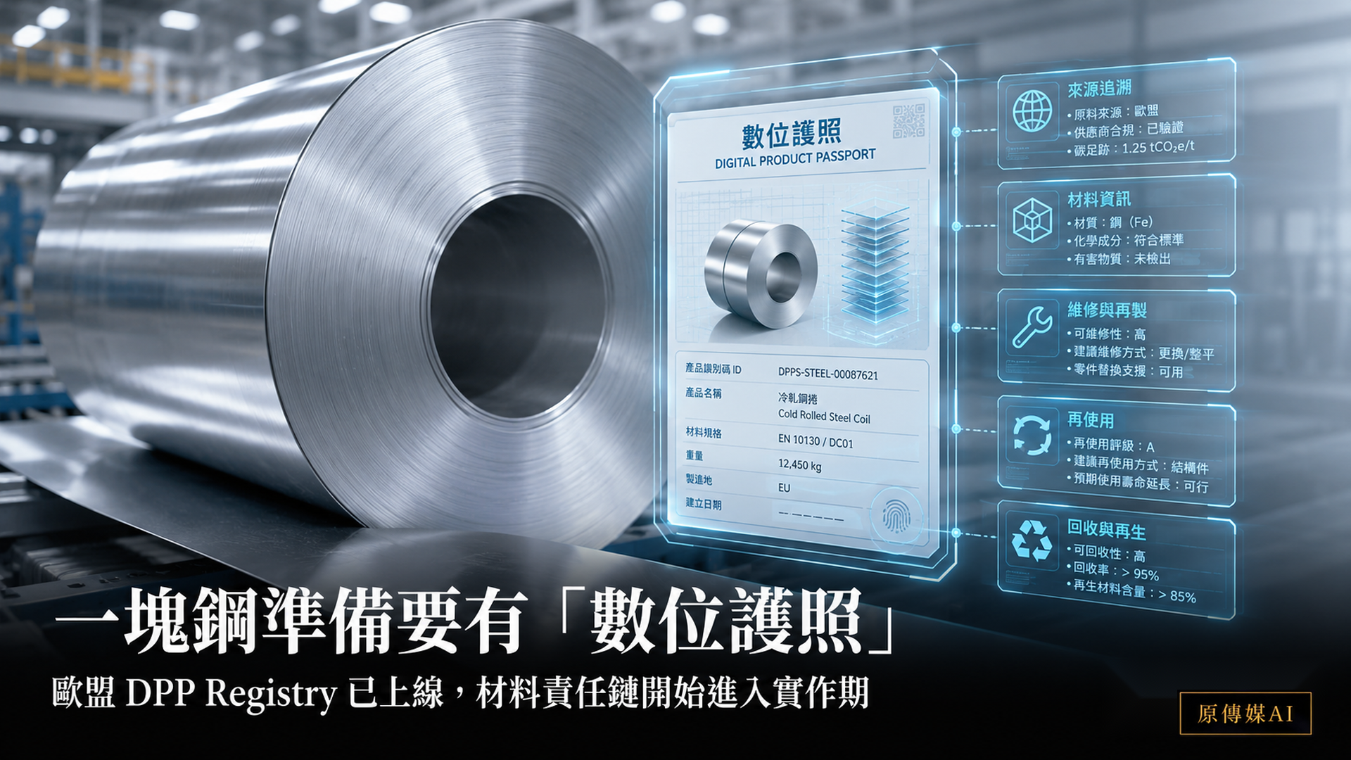 現代鋼鐵工廠中的大型鋼捲旁顯示數位產品護照與來源、材料、維修、再使用、回收資訊,右下固定原傳媒AI黑金標誌。