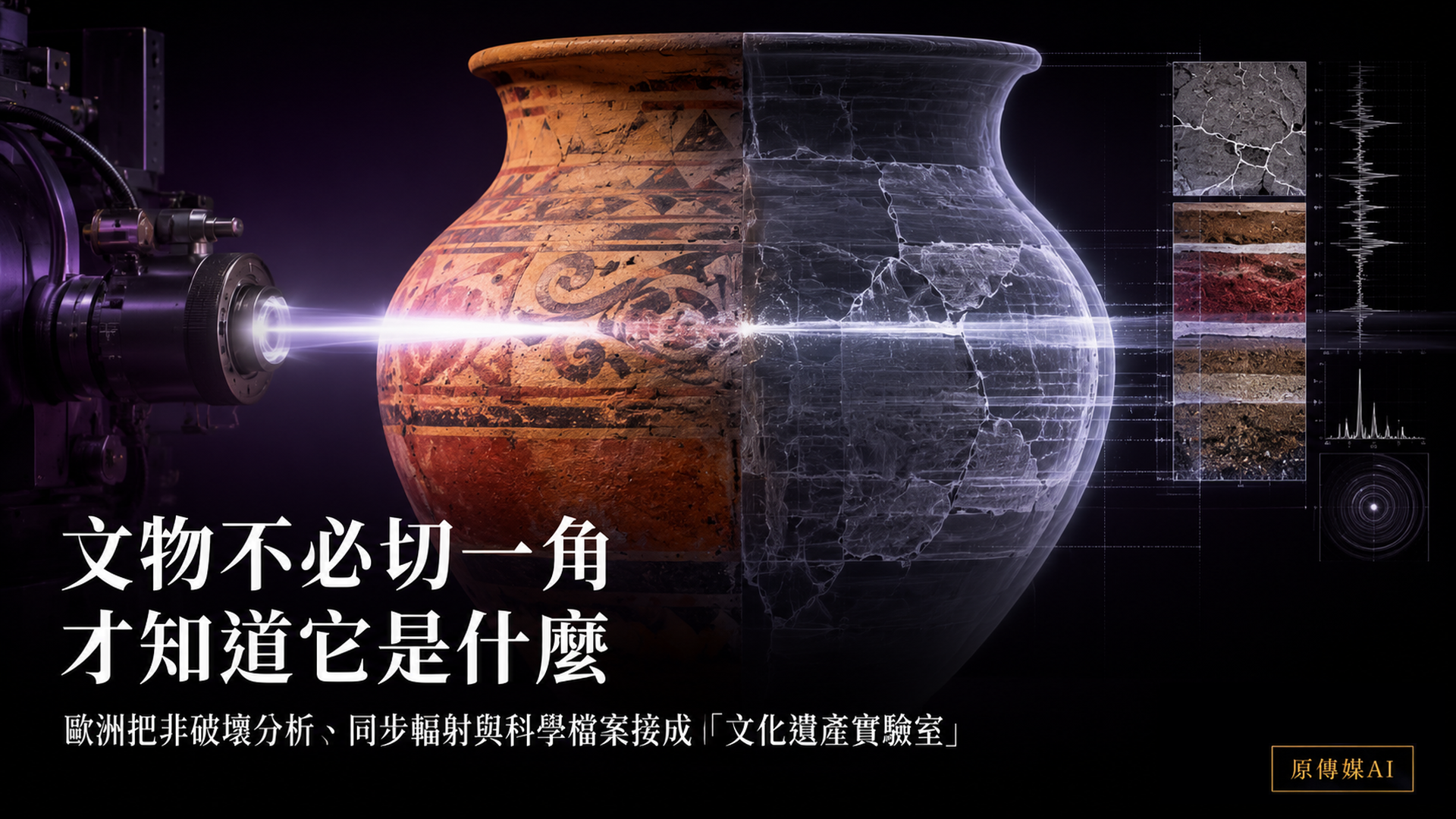 文化陶器接受非破壞光束掃描，右半顯示內部裂紋與材料層分析，右側有科學影像圖表，右下固定原傳媒AI黑金標誌。