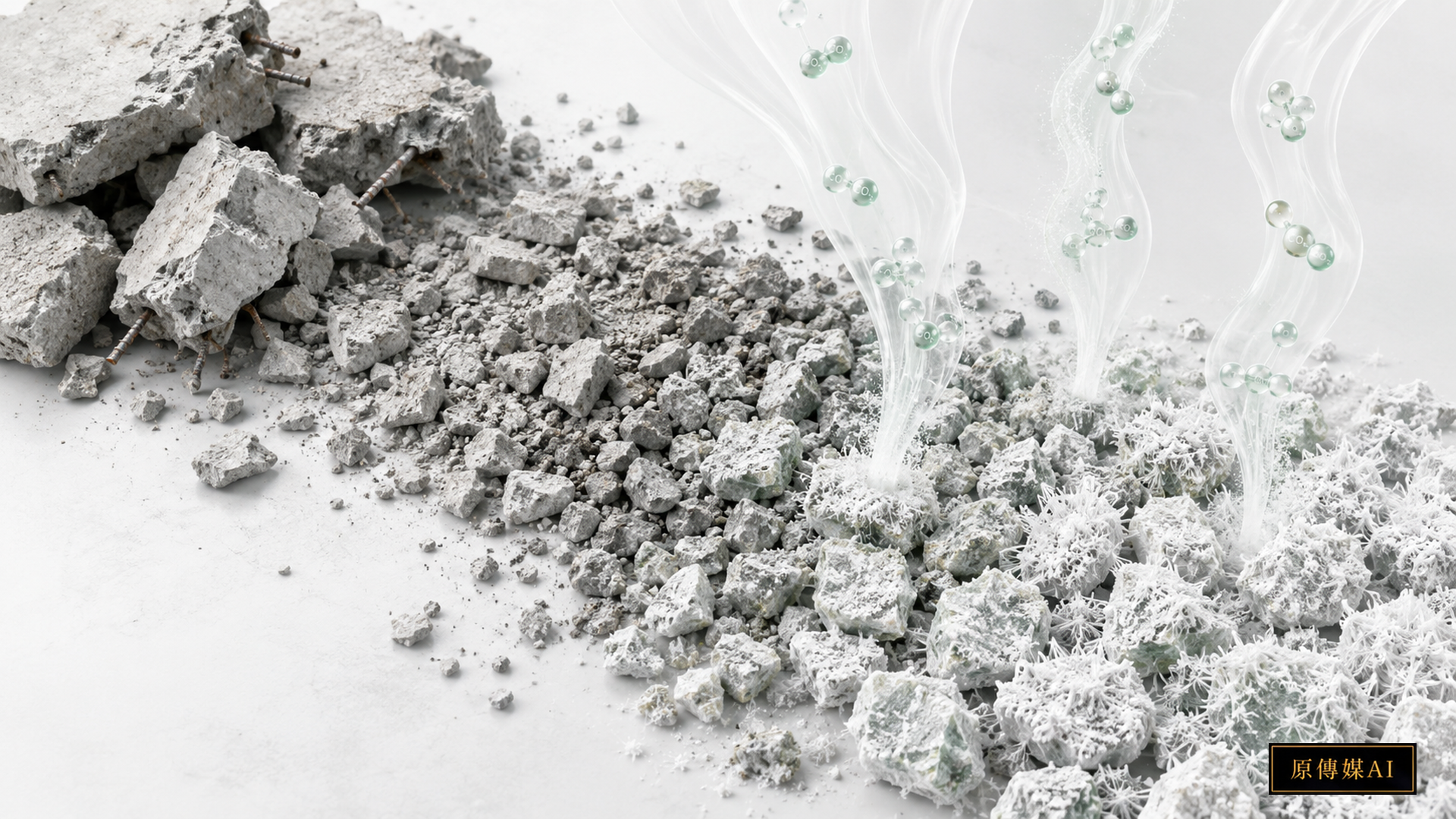 An illustrated materials-science scene about recycled concrete and mineralized carbon storage.