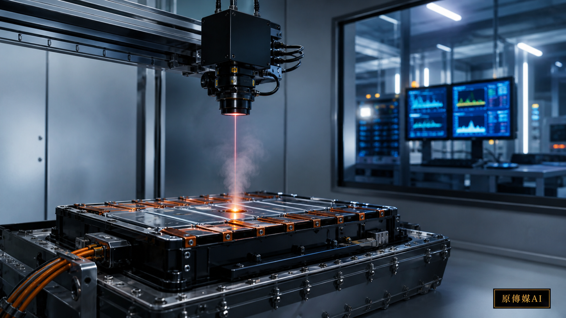 A laser gas sensor above a large battery module detects faint vent gases as an early warning of thermal runaway.