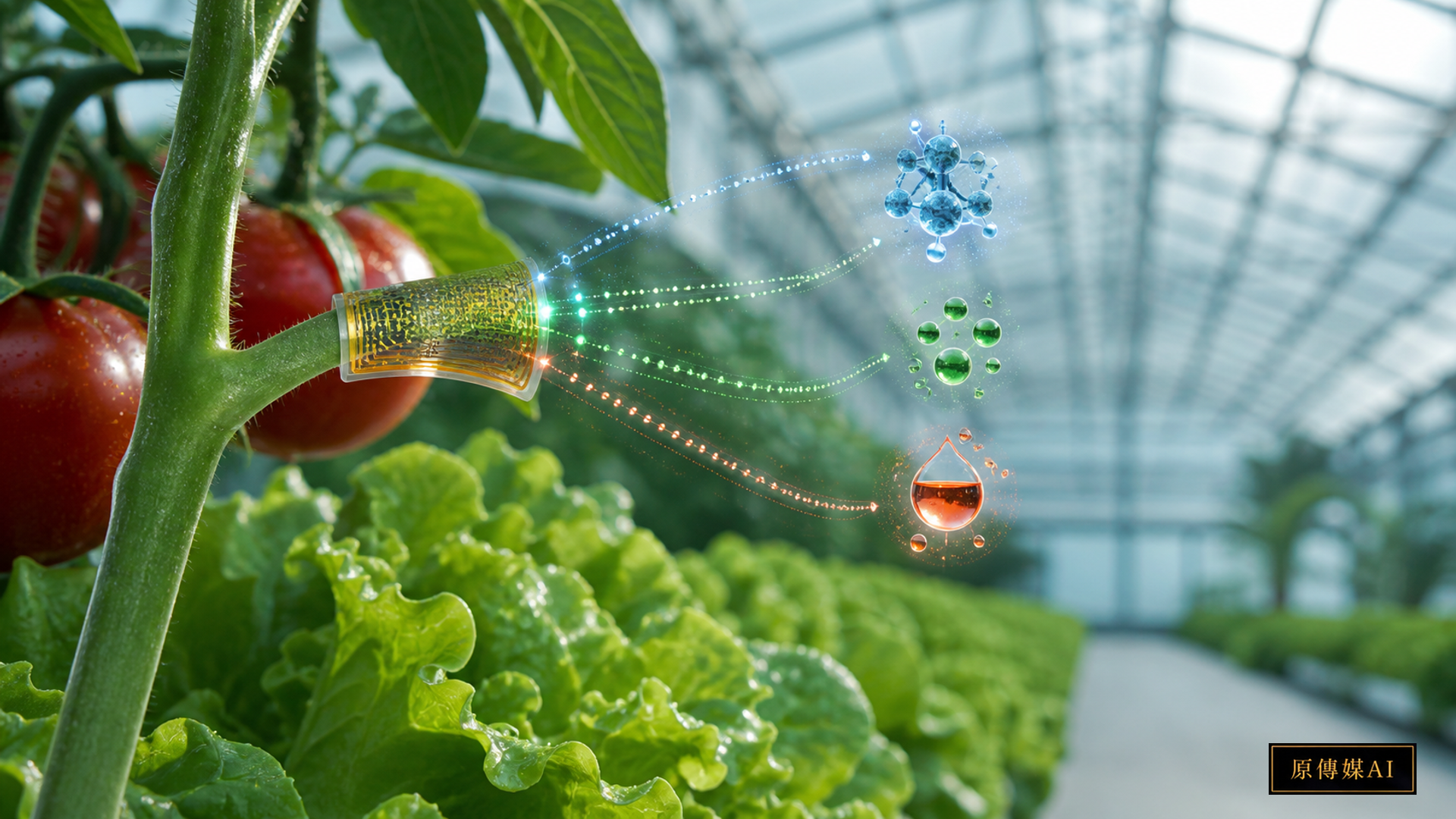 溫室植物葉柄上的微型柔性感測器，以透明訊號層呈現鉀離子、酸鹼值與過氧化氫變化。