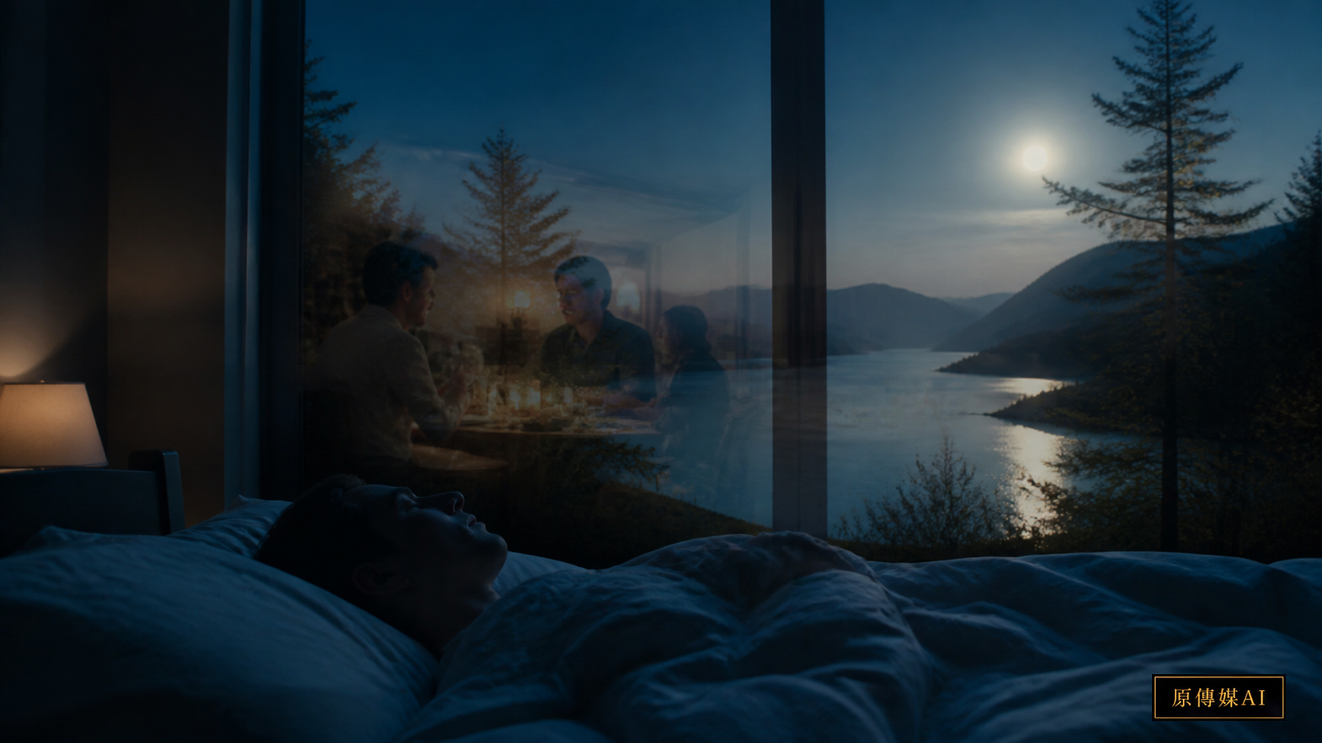 夜晚熟睡的人影與水面、山景、日常人物片段相連，象徵夢中重組的記憶與情緒訊號。