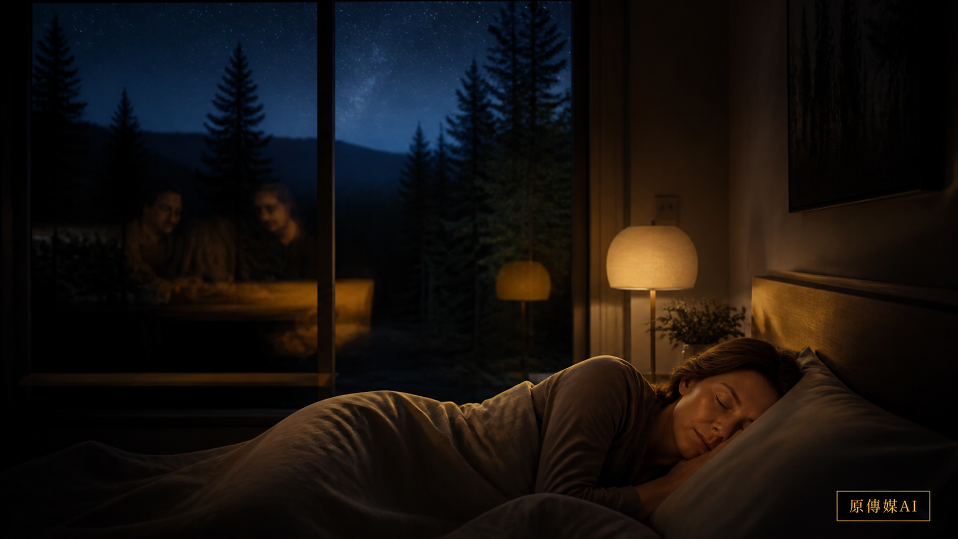 夜晚室內的人安靜睡眠,窗外連著森林與水面,象徵夢、關係與地方脈絡。