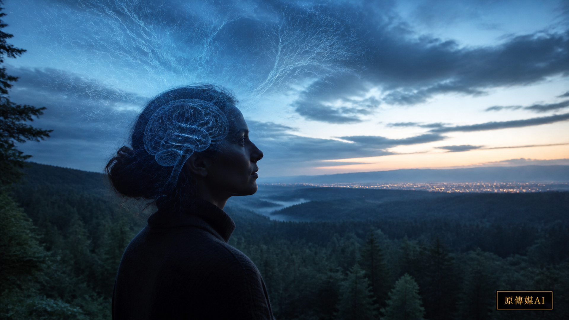 人物側臉與神經網絡疊映，遠處可見森林、水面與現代聚落，象徵腦、地方與社群的連結。