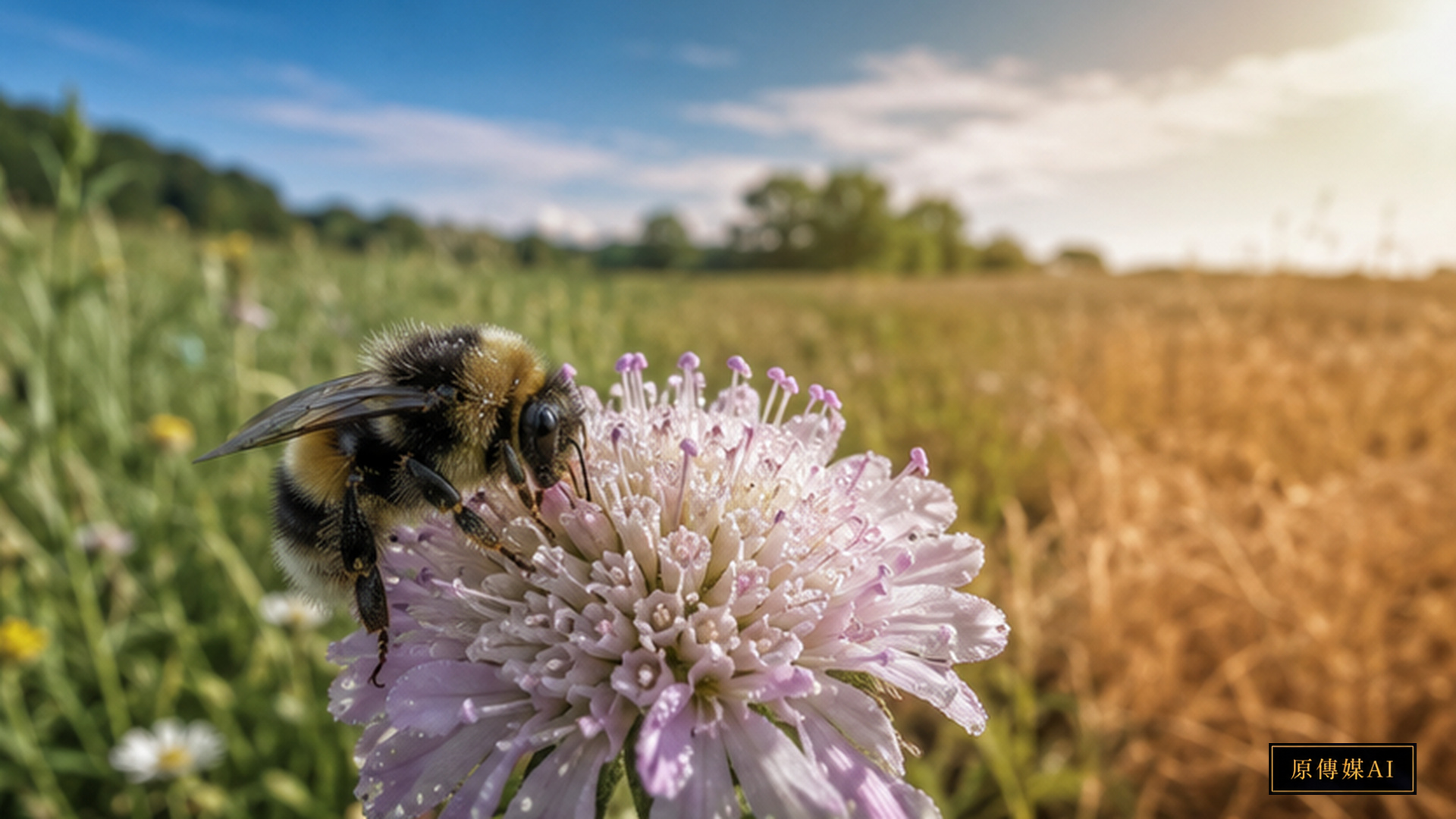 A bumblebee moving through a changing flowering landscape