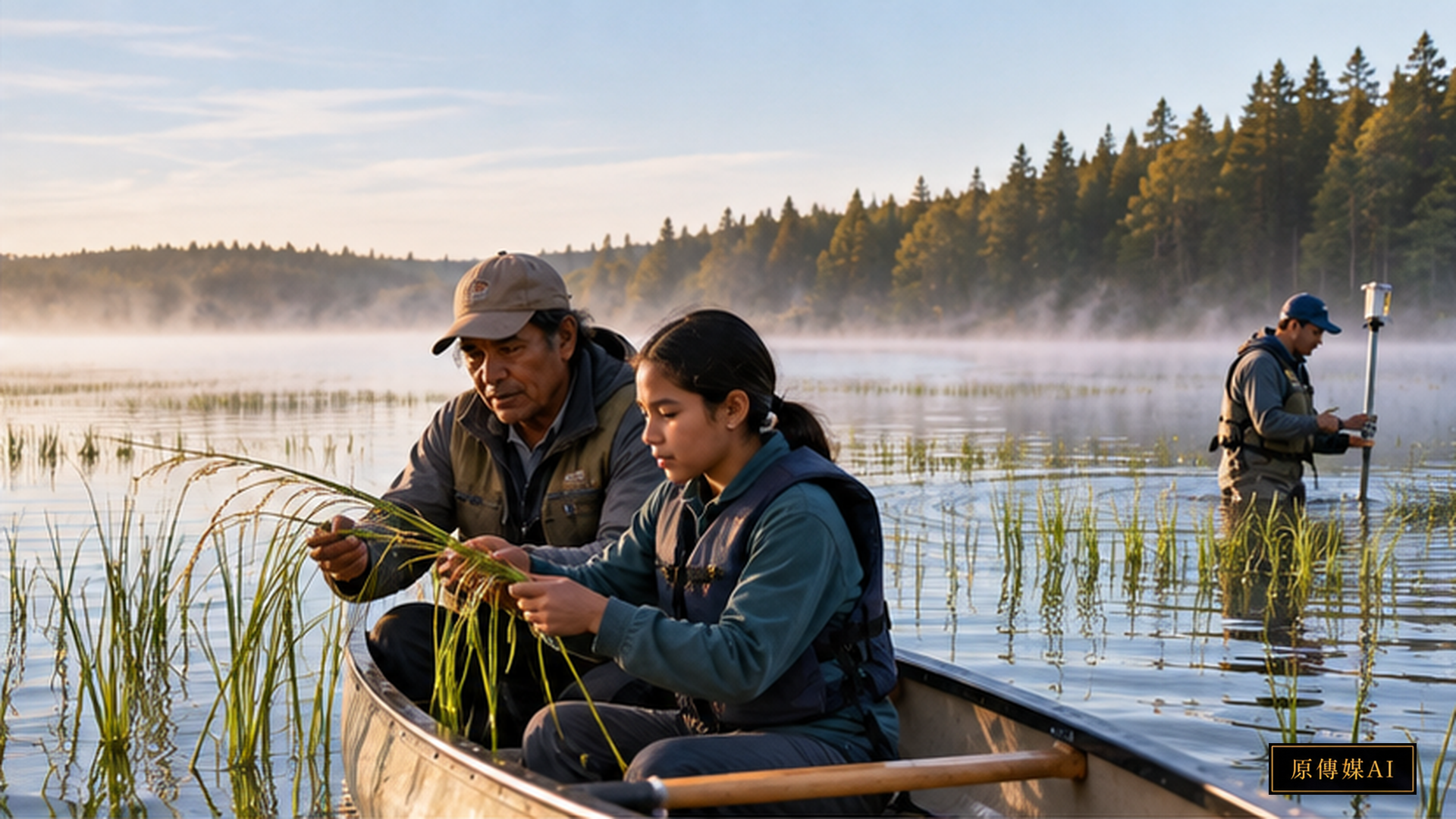 A canoe moving through a wetland stand of mature wild rice at dawn