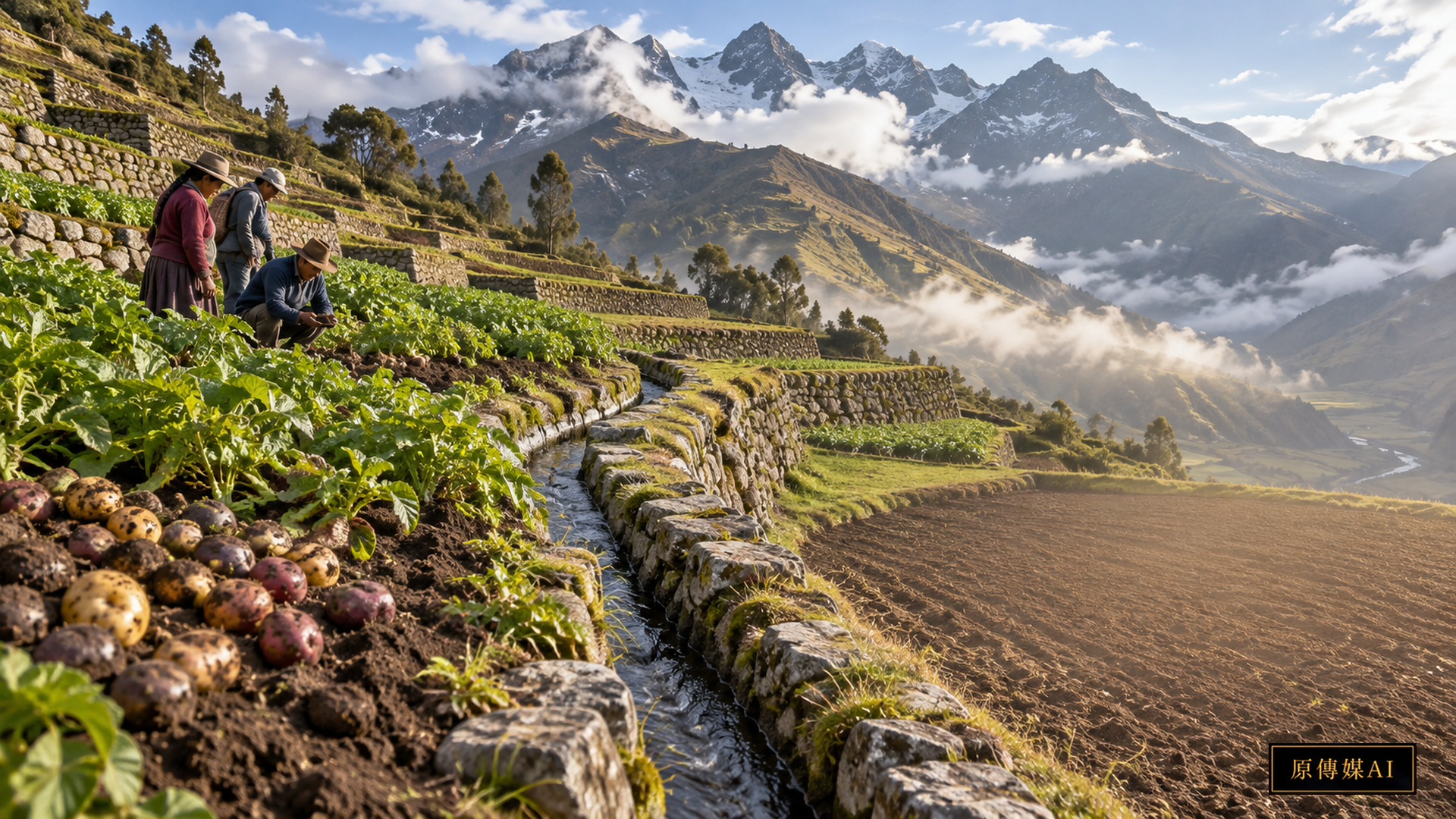 Concept illustration of mountain terraces and water management
