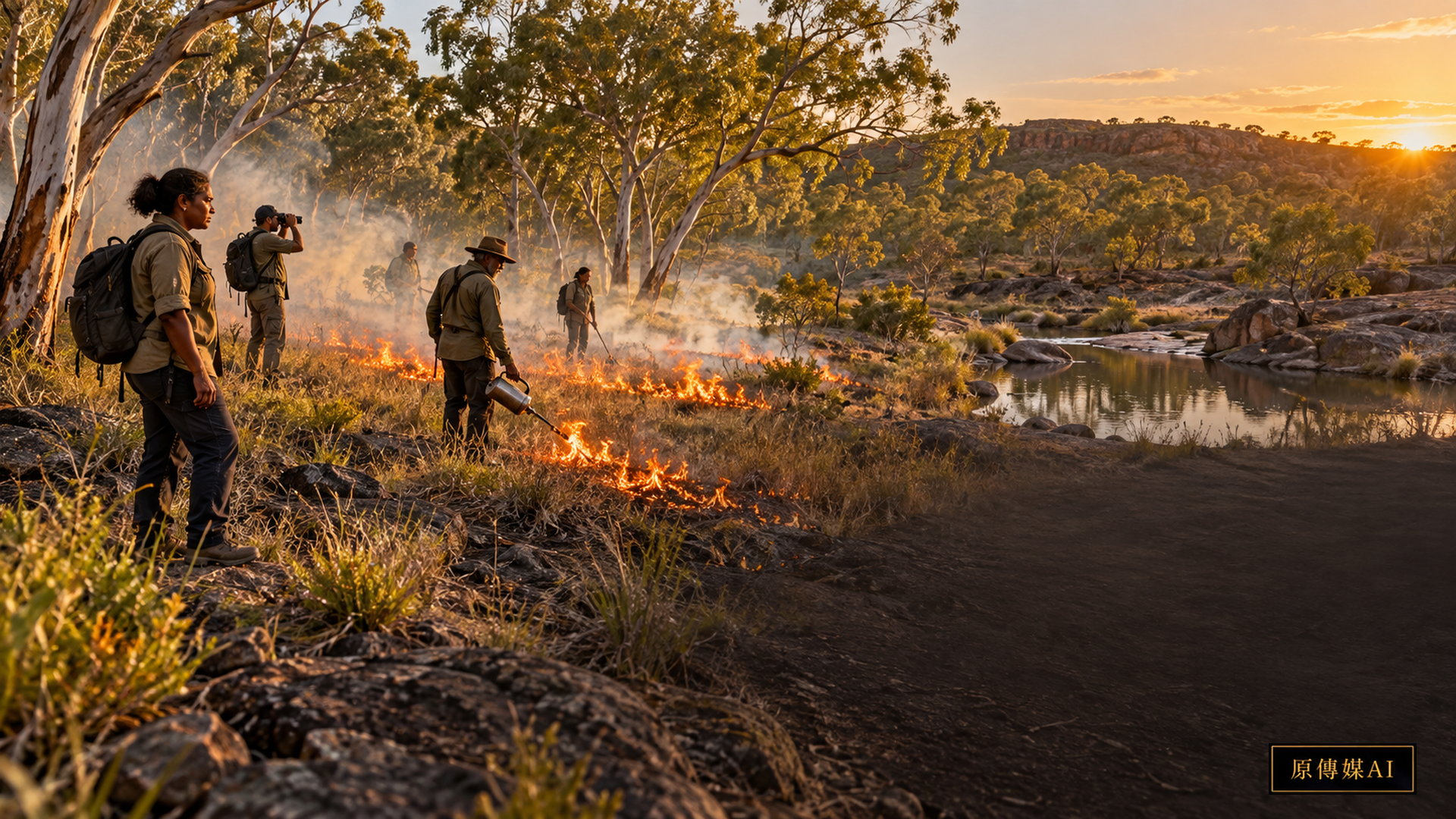 Concept illustration of cultural burning and observation in woodland