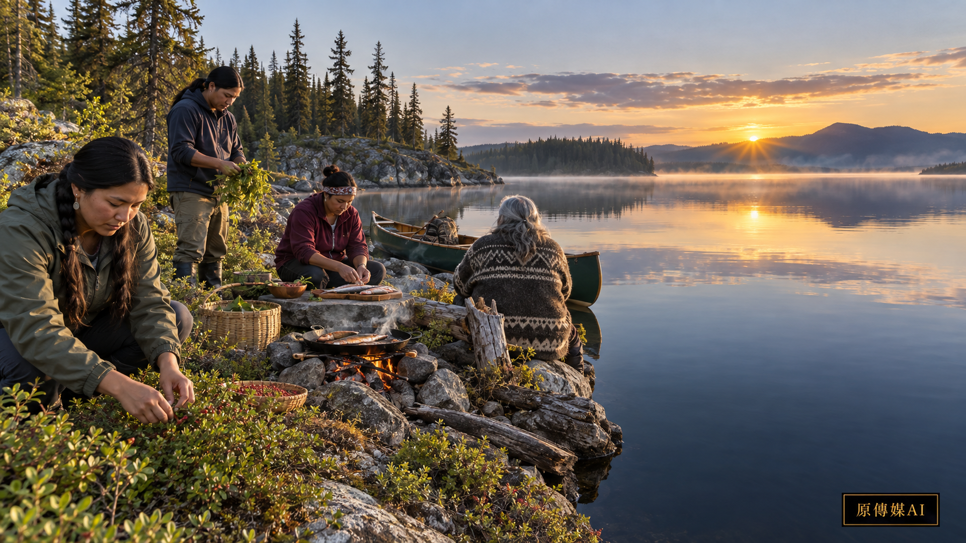 Concept illustration of land-based activities beside a lake